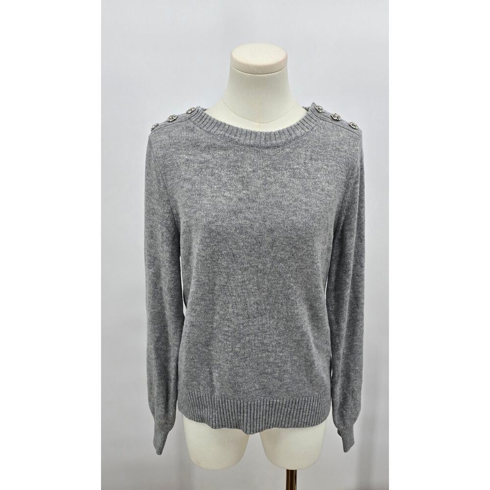 J Crew Grey Lambs Wool‎ Jewel Embelished Sweater